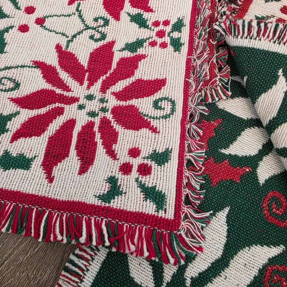 Vintage Poinsettia & Holly Woven Reversible Christmas Placemats Table Runner